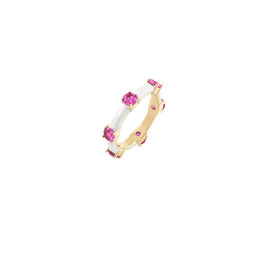 Anello argento con bagno in oro giallo smalto bianco e pietre fucsia laura p