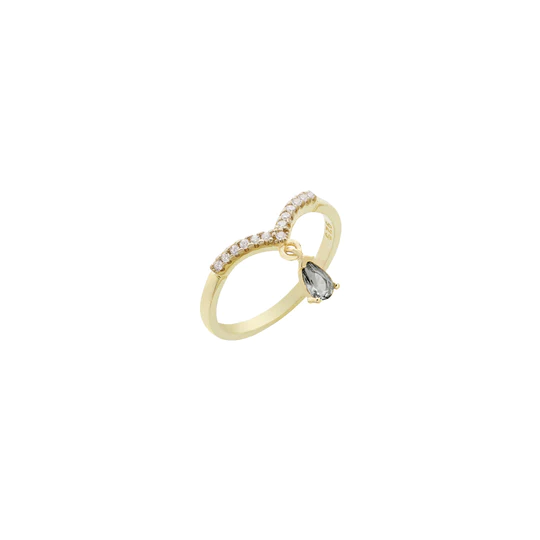 Anello argento bagno in oro giallo pave di zirconi bianchi e goccia grigia pendente laura p