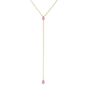 Collana lariat in argento  con bagno in oro giallo e pietre fucsia taglio goccia laura p