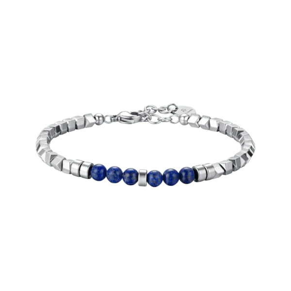 Bracciale uomo in acciaio con ematite silver e pietre blu