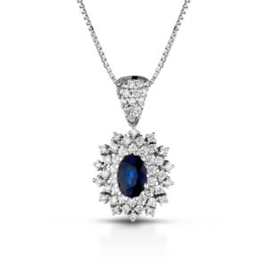 Collana oro bianco con ciondolo diamanti e zaffiro blu