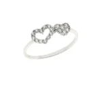 Anello oro bianco nove carati con doppio cuore con zirconi