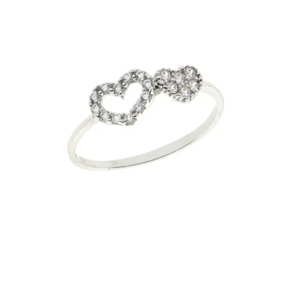Anello oro bianco nove carati con doppio cuore con zirconi