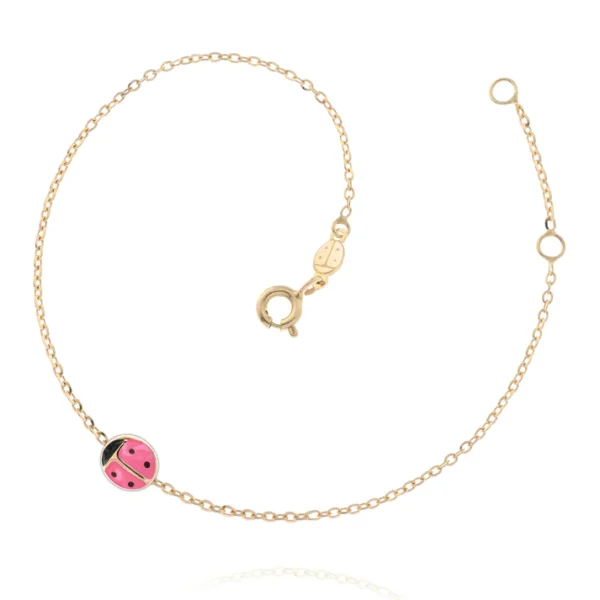 Bracciale oro giallo nove carati con coccinella rosa