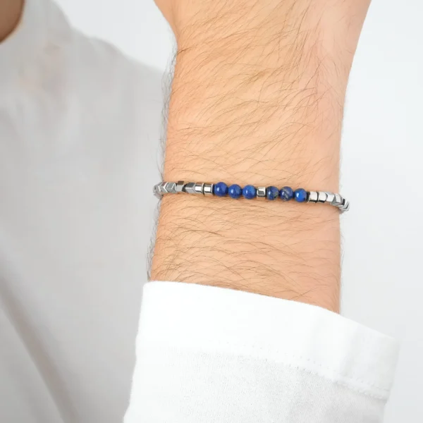 Bracciale uomo in acciaio con ematite silver e pietre blu