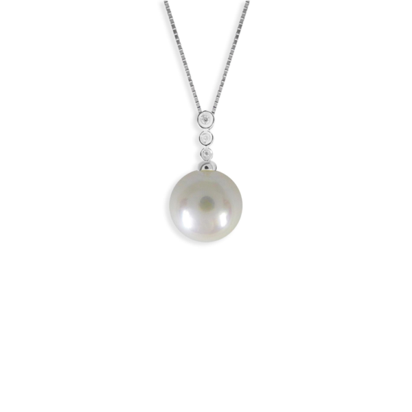 Collana oro bianco con diamanti e perla