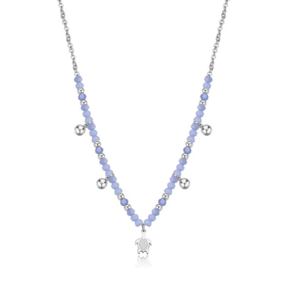 COLLANA GLINT  IN ACCIAIO 316L, SFERE IN VETRO BLUE PENDENTE A FORMA DI TARTARUGA