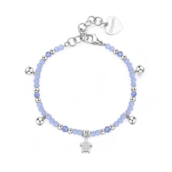 BRACCIALE GLINT  IN ACCIAIO 316L, SFERE IN VETRO BLU E PENDENTE A FORMA DI TARTARUGA