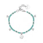 BRACCIALE GLINT  IN ACCIAIO 316L, SFERE IN VETRO VERDE E PENDENTE A FORMA DI QUADRIFOGLIO