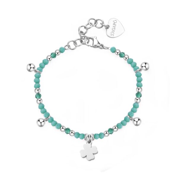BRACCIALE GLINT  IN ACCIAIO 316L, SFERE IN VETRO VERDE E PENDENTE A FORMA DI QUADRIFOGLIO