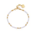 BRACCIALE   IN ACCIAIO 316L, FINITURA PVD COLORE ORO, SFERE IN VETRO  BIANCHE  E PERLE