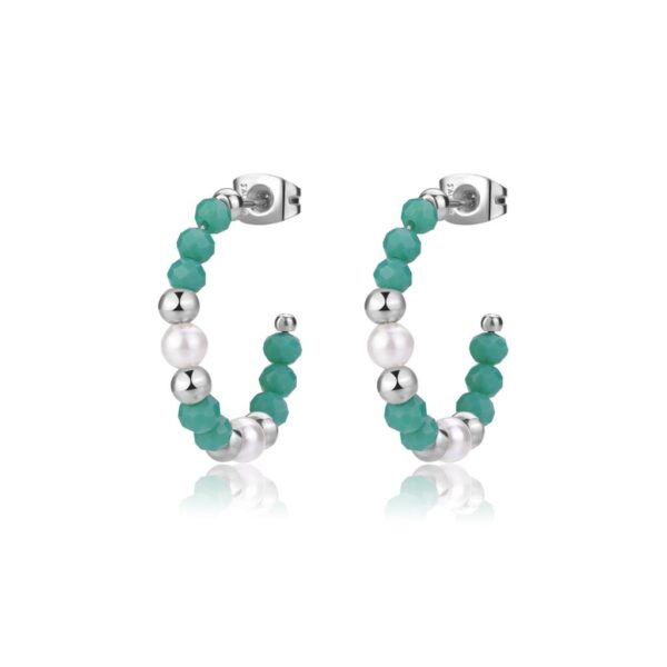 ORECCHINI GLINT  IN ACCIAIO 316L, SFERE IN VETRO VERDE E PERLE
