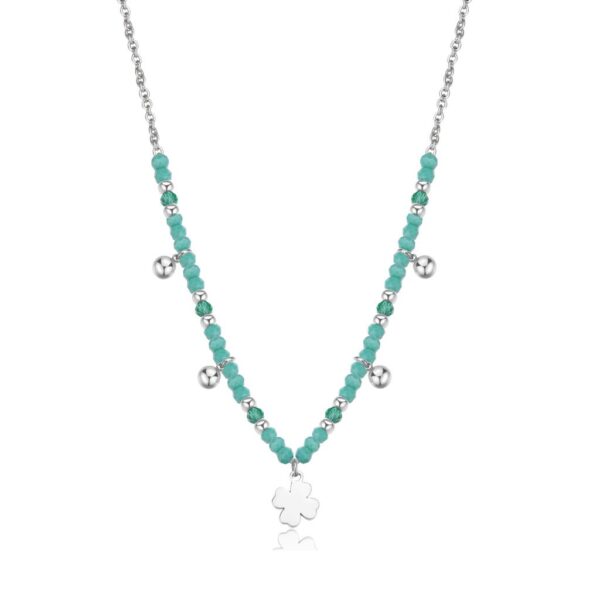 COLLANA GLINT  IN ACCIAIO 316L, SFERE IN VETRO VERDE E PENDENTE A FORMA DI QUADRIFOGLIO