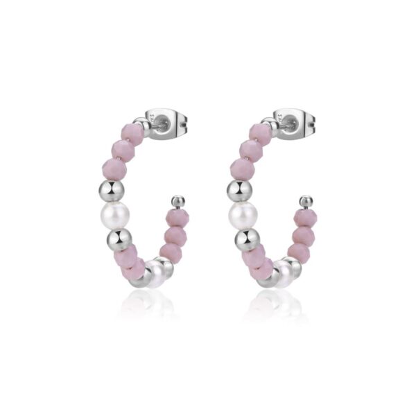 ORECCHINI GLINT  IN ACCIAIO 316L, SFERE IN VETRO ROSA E PERLE