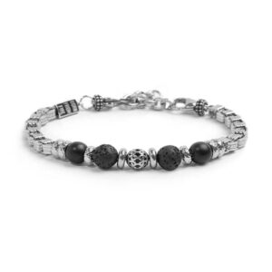 Bracciale catena box con trama con sfere in onice nera e pietra lavica