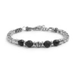 Bracciale catena box con trama con sfere in onice nera e pietra lavica