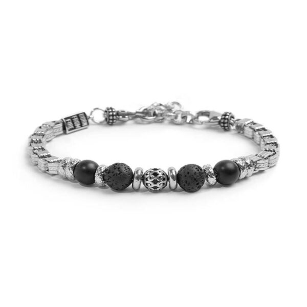 Bracciale catena box con trama con sfere in onice nera e pietra lavica