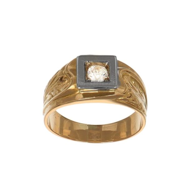 Anello due ori lavorato con zircone bianco