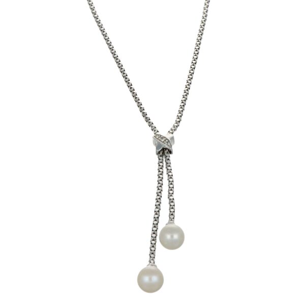 Collana oro bianco con perle pendenti e zirconi bianco centrale