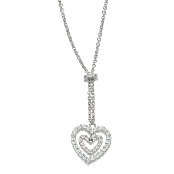 Collana oro bianco con ciondolo doppio cuore con zirconi bianchi pendente