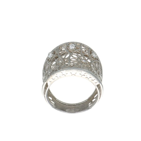 Anello oro bianco fascia lavorata satinata con zirconi