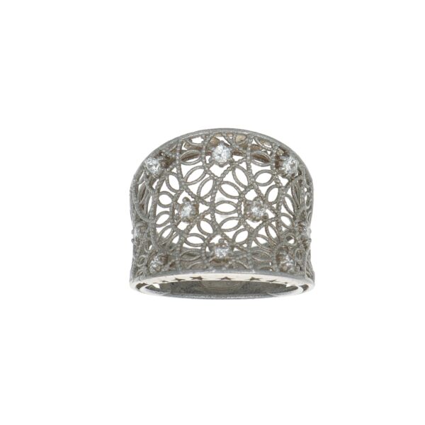 Anello oro bianco fascia lavorata satinata con zirconi