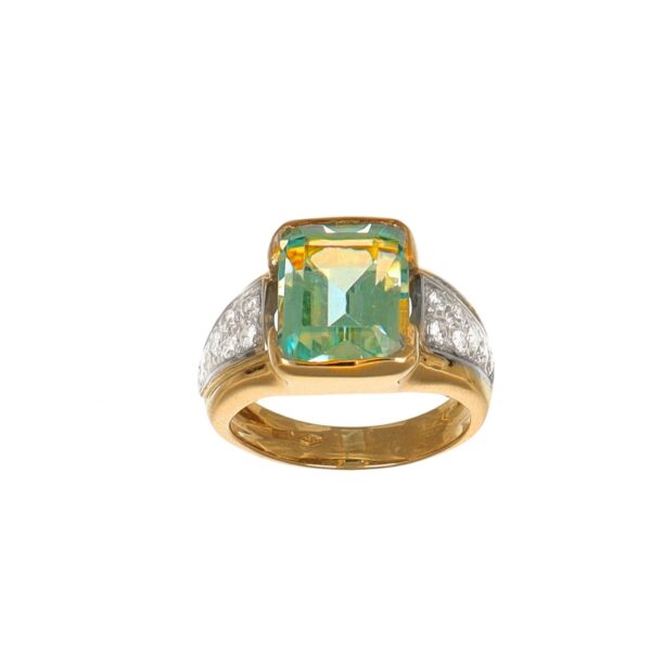 Anello due ori con zircone celeste e zirconi bianchi