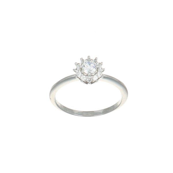 Anello oro bianco con fiore con zircone bianco