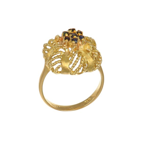 Anello oro giallo lucido satinato con zircone blu centrale