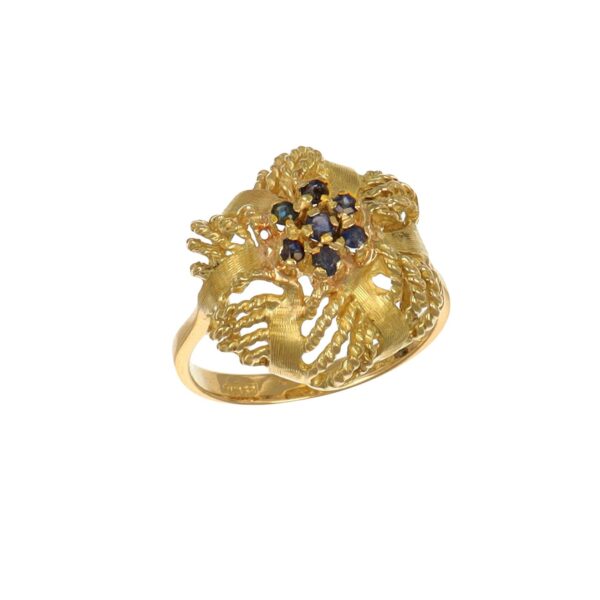 Anello oro giallo lucido satinato con zircone blu centrale