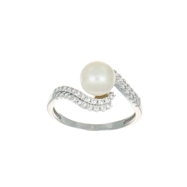Anello oro bianco con perla e pave di zirconi bianchi