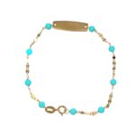 Bracciale oro giallo con perline turchesi e targhetta