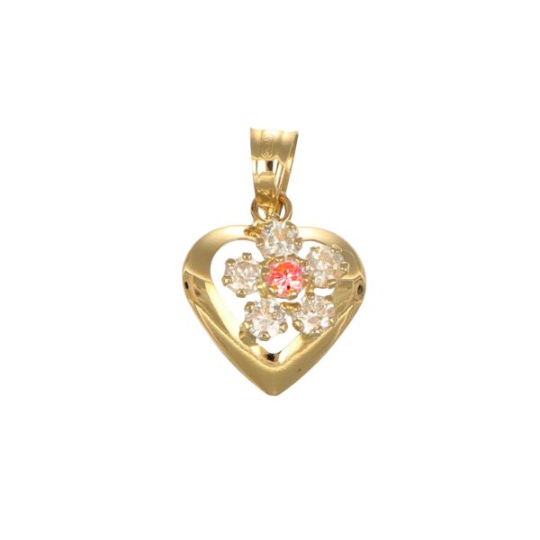 Ciondolo oro giallo cuore con fiore con zirconi bianchi e rosa
