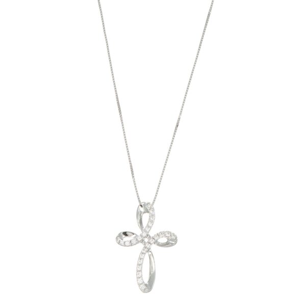Collana oro bianco con ciondolo croce con zirconi bianchi