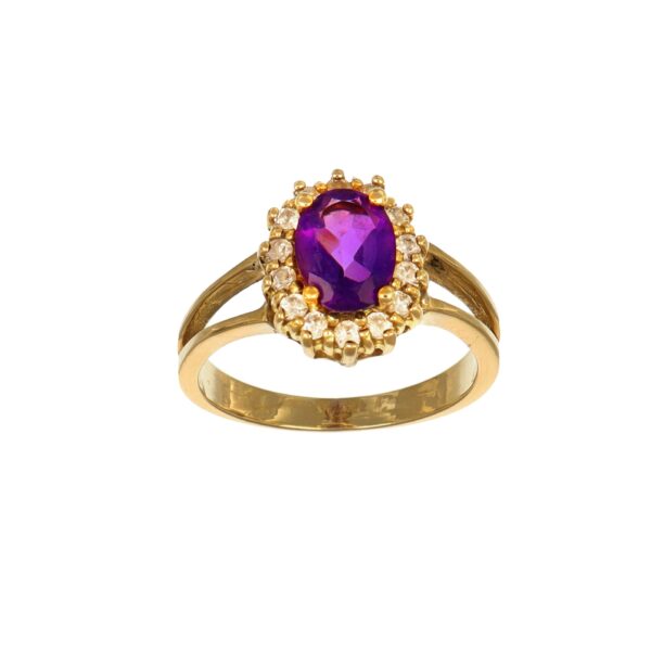 Anello oro giallo con zirconi bianchi e pietra centrale viola