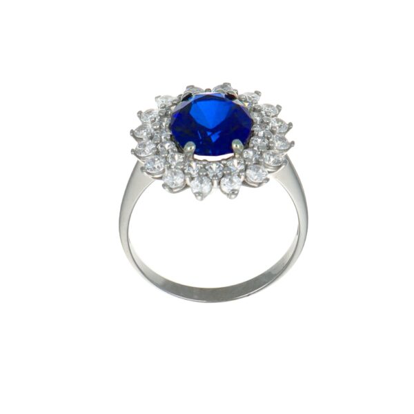 Anello oro bianco fiore con zirconi bianchi e blu