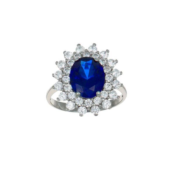 Anello oro bianco fiore con zirconi bianchi e blu