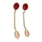 Orecchini oro giallo con zircone viola cabochon e perla rosa goccia pendente