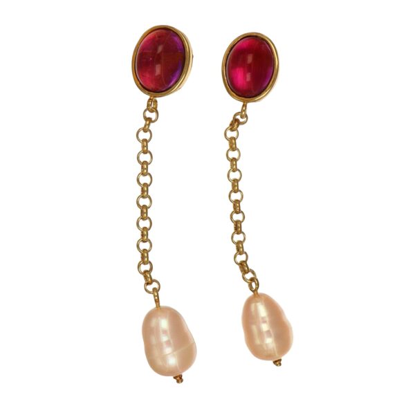 Orecchini oro giallo con zircone viola cabochon e perla rosa goccia pendente