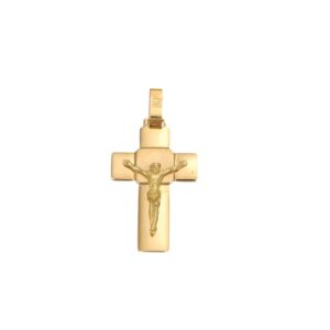 CIONDOLO ORO GIALLO CROCE CON GESU LUCIDA SATINATA