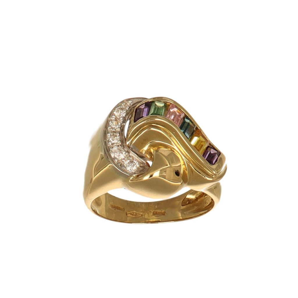 Anello oro giallo con zirconi baguette colorati e zirconi bianchi