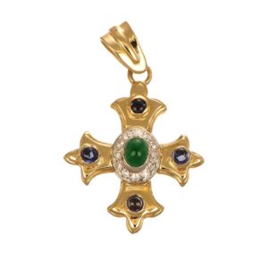 CIONDOLO DUE ORI CROCE CON ZIRCONI VERDI CABOCHON ZAFFIRO BLU  E ZIRCONI BIANCHI