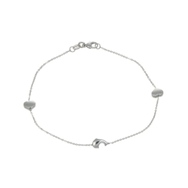 BRACCIALE ORO BIANCO CON CUORI E DELFINO SATINATO