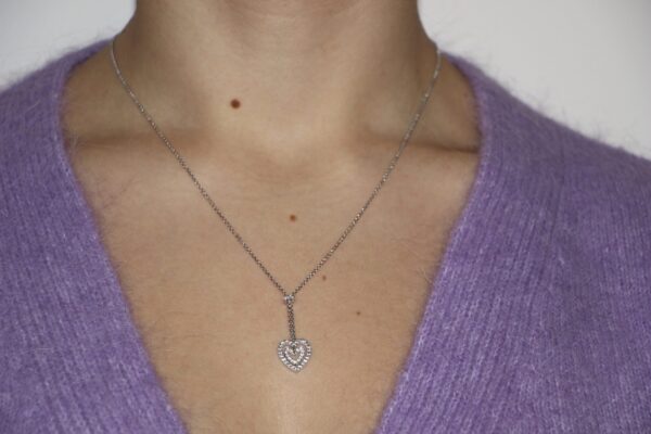 Collana oro bianco con ciondolo doppio cuore con zirconi bianchi pendente
