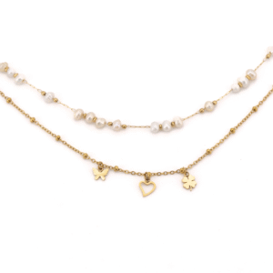 COLLANA CORTA DUE FILI ACCIAIO E PERLE CON TRE PENDENTI KLK GIOIELLI