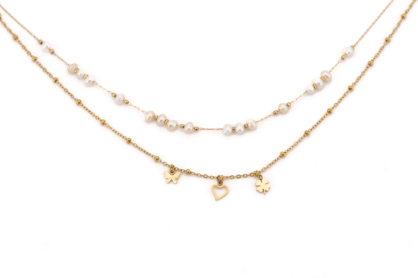 COLLANA CORTA DUE FILI ACCIAIO E PERLE CON TRE PENDENTI KLK GIOIELLI