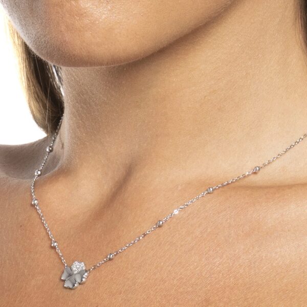 COLLANA DONNA IN ACCIAIO CON QUADRIFOGLIO E PUNTI LUCE IN ZIRCONE BIANCO LUCA BARRA