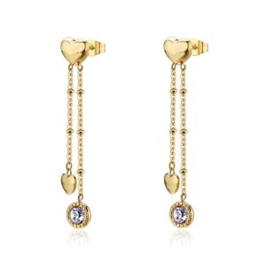 Orecchini pendenti in acciaio 316L e finitura pvd oro 14K con cuori e cristalli S'AGAPO
