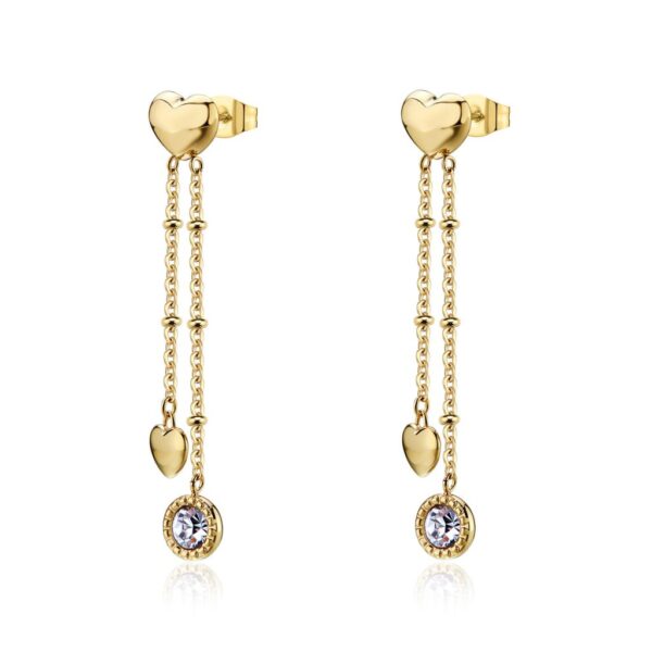 Orecchini pendenti in acciaio 316L e finitura pvd oro 14K con cuori e cristalli S'AGAPO
