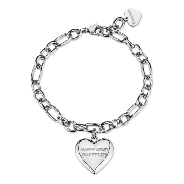 Bracciale catena in acciaio 316L con pendente a forma di cuore e incisione "Happy mind happy life" S'AGAPO